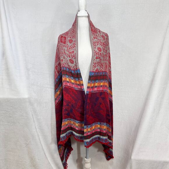 Pashmina Red Multicolor Fringe Floral Woven Scarf Wrap Large Bohemian Earthy - Picture 1 of 7